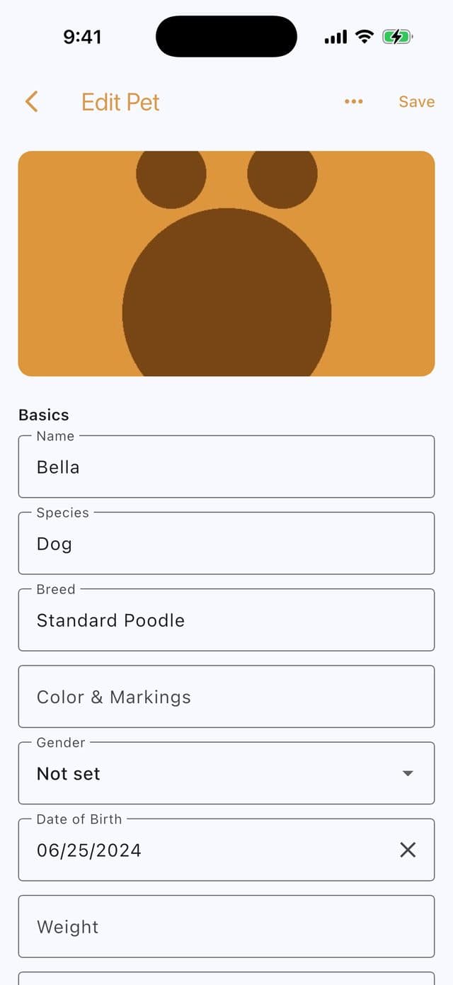 The MyBootie iPhone app pet record with a profile photo