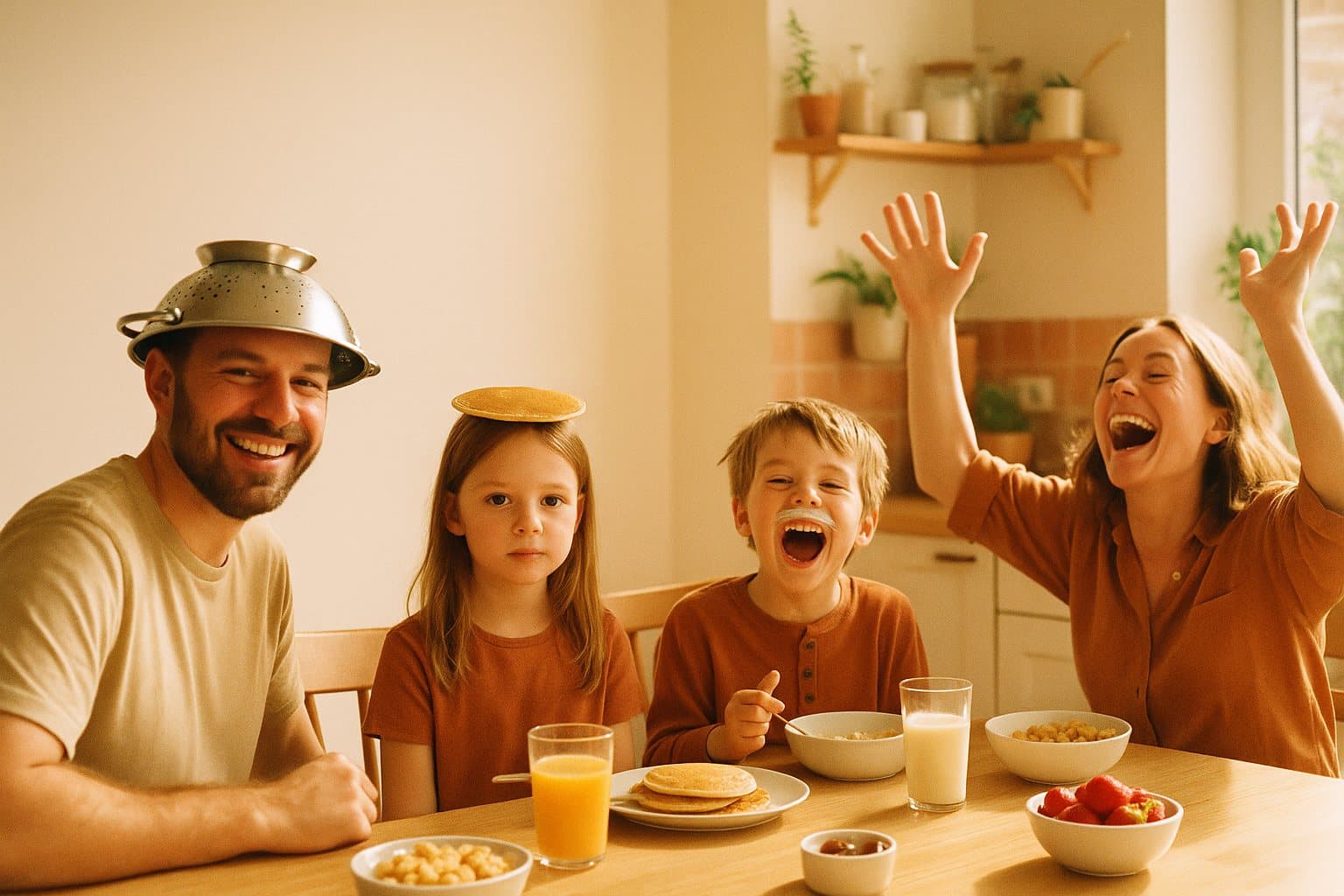 A family at breakfast: dad wearing a colander as a helmet, a girl balancing a pancake on her head, a boy with a milk mustache, and mom mid-laugh