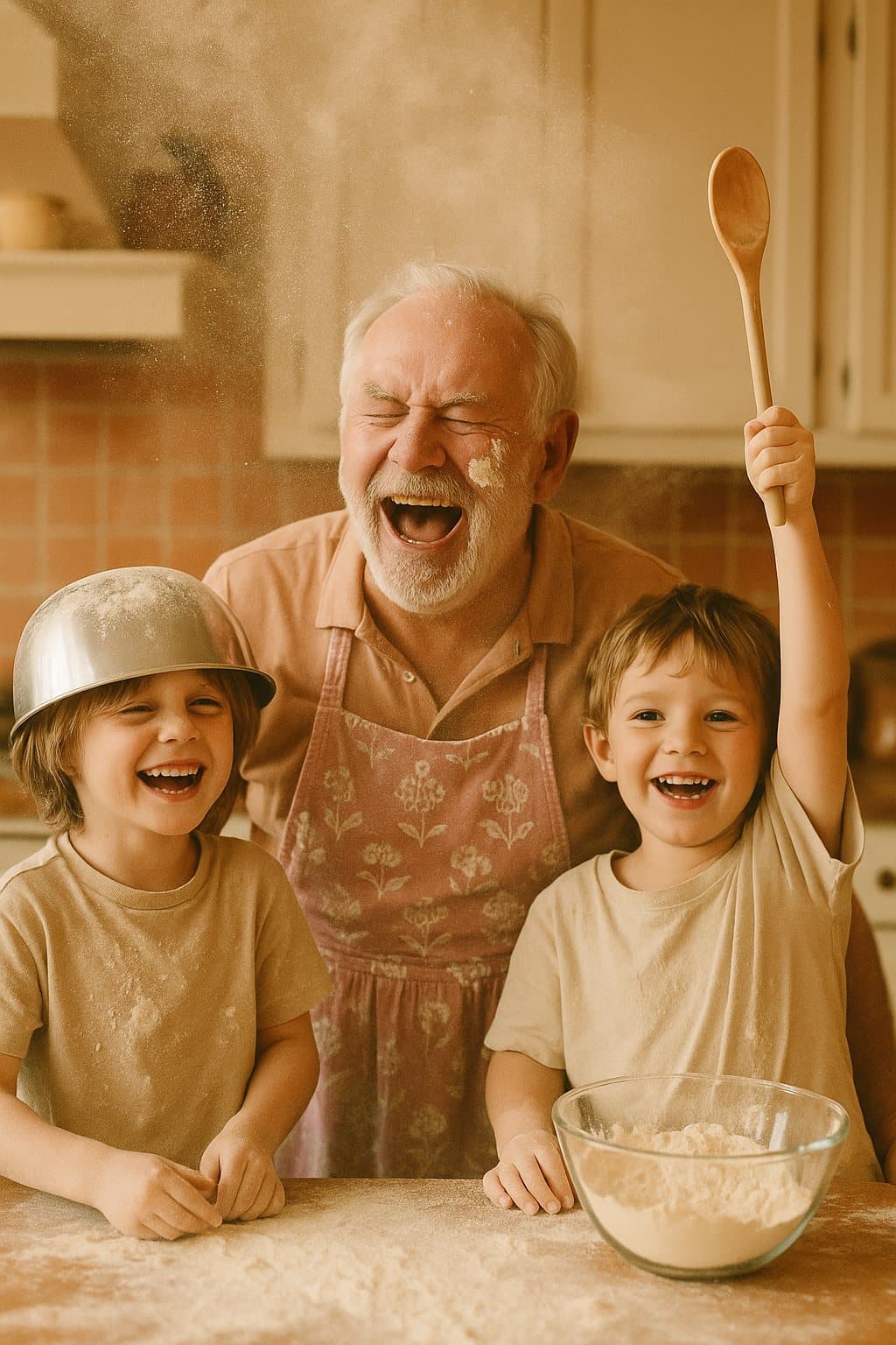 A grandfather laughing in a cloud of flour while one grandchild wears a mixing bowl as a helmet and the other holds up a wooden spoon